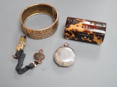 A group of mixed collectables including a George V silver sovereign case, a tortoiseshell small box,