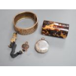 A group of mixed collectables including a George V silver sovereign case, a tortoiseshell small box,