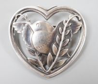 A Georg Jensen sterling 'robin and frond' heart shaped brooch, no. 239, 37mm.