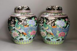 A pair of Japanese famille noire jars and covers 27cm