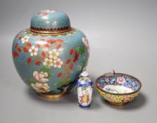 A Canton enamel tea bowl, snuff bottle, and a cloisonne enamel jar and cover