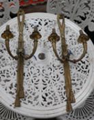 A pair of gilt metal two branch wall lights, height 64cm