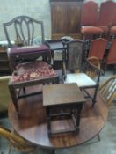 An early 20th century caned beech child's elbow chair, a George III dining chair, two stools and a