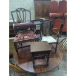 An early 20th century caned beech child's elbow chair, a George III dining chair, two stools and a