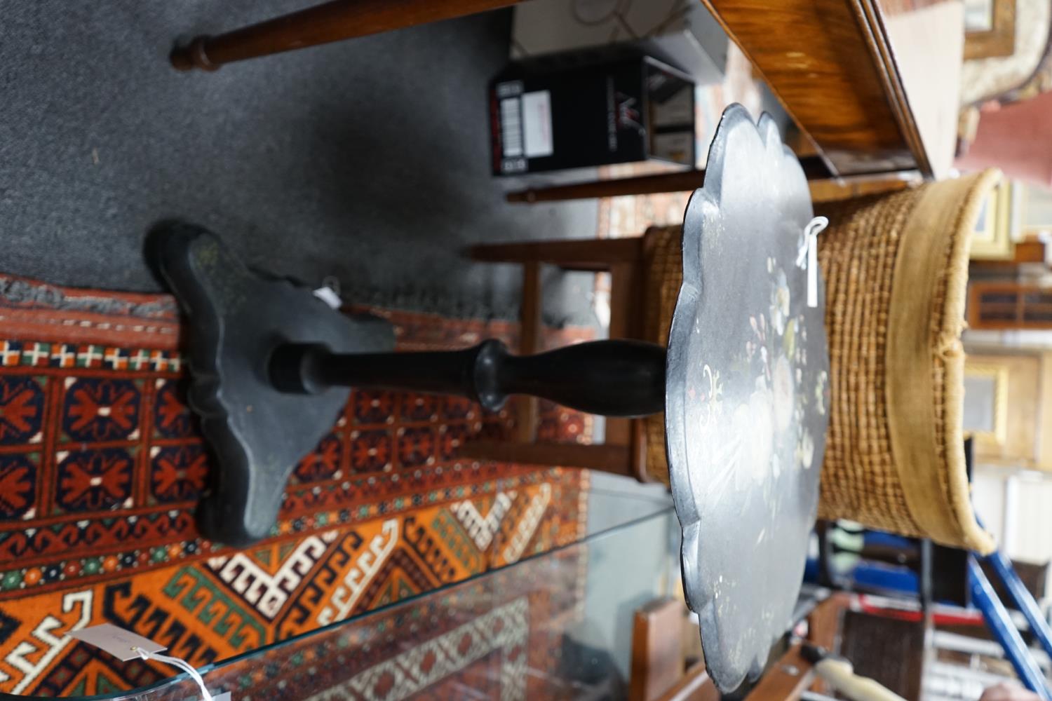 A Victorian painted mother of pearl inlaid papier mache tilt-top wine table, width 50cm depth 49cm - Image 4 of 4