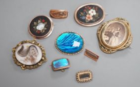 A mall collection of mainly Victorian brooches, including mourning and pietra dura, largest 54mm.