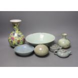 A group of Chinese crackle glaze ceramics, a yellow ground vase, celadon glazed bowl etc
