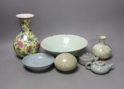 A group of Chinese crackle glaze ceramics, a yellow ground vase, celadon glazed bowl etc