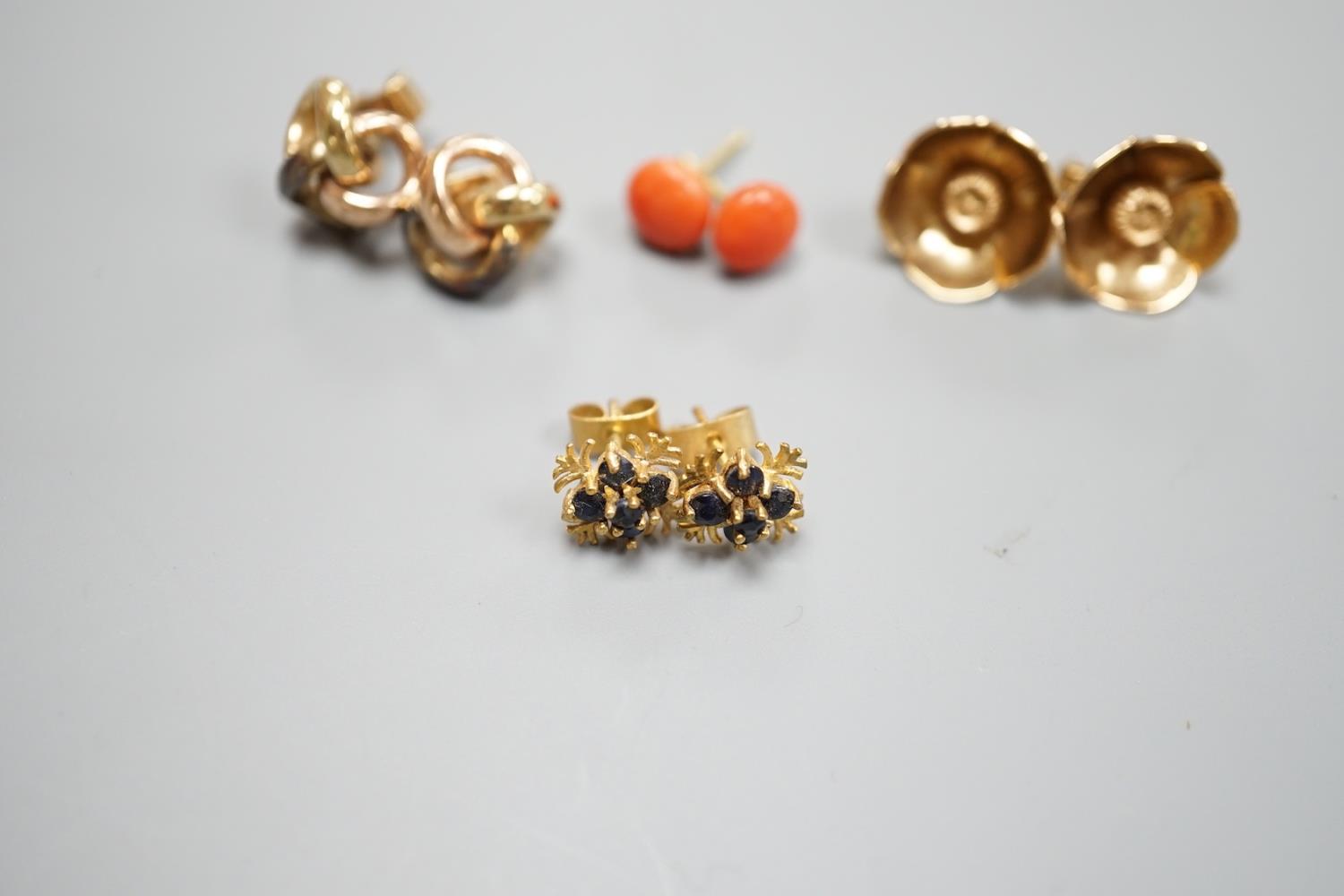 A pair of 750 yellow metal and coral bead ear studs, gross weight 1.8 grams and three pairs of - Image 2 of 4