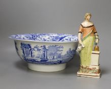 An early 19th century pearlware figure of a maiden, 24cm tall, and a Spode Italian bowl