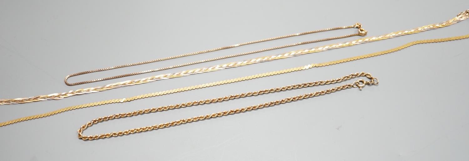 Four assorted modern 9ct chains, including three colour and rope twist, largest 38cm, 25.1 grams. - Image 2 of 4