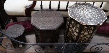 Threee Indian and Moorish octagonal occasional tables, largest width 43cm height 53cm