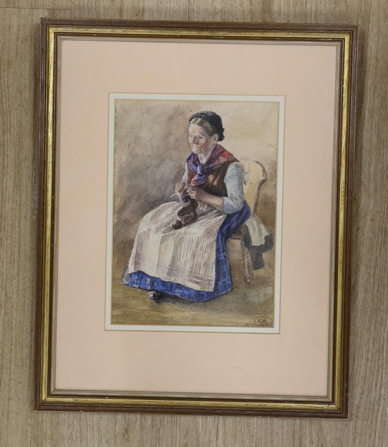 Miss S. A. Butler, (Exh. R.A.1890), watercolour, A woman knitting, signed and dated 1887, 34 x 25cm - Image 2 of 4