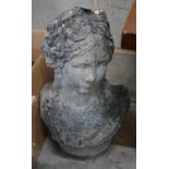 A reconstituted stone garden ornament, female bust, height 52cm