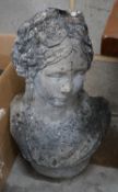 A reconstituted stone garden ornament, female bust, height 52cm