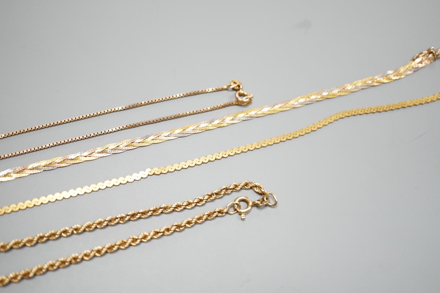 Four assorted modern 9ct chains, including three colour and rope twist, largest 38cm, 25.1 grams. - Image 4 of 4