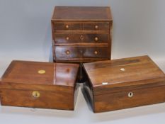 A Victorian rosewood jewellery casket, one other and a 19th century mahogany apprentice chest,