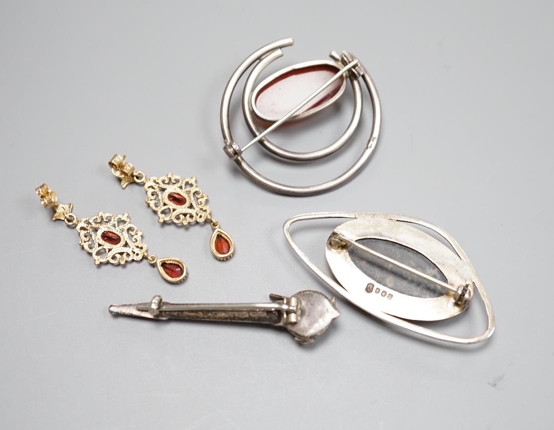 A modern pair of 9ct and gem set drop earrings and three white metal gem set brooches, including one - Image 4 of 4