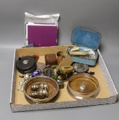 A mother-of-pearl sewing case, various charms and spoons etc