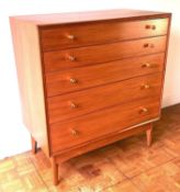 A mid century Alfred Cox for Heals walnut chest of five drawers, width 83cm depth 46cm height 93cm