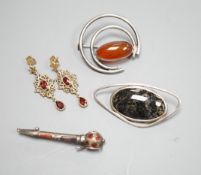 A modern pair of 9ct and gem set drop earrings and three white metal gem set brooches, including one