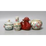 Three 19th century Chinese Canton decorated items and a sang-de-boeuf duck - tallest 10cm