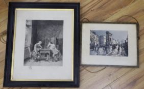 Paul Carlani, coloured etching, La Pont St Denis, signed in pencil, 24 x 30cm and an Italian etching
