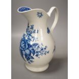 A Worcester French style water ewer decorated in under-glaze blue with fir cones and rose hips c.
