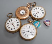 Two base metal Railway Timekeeper pocket watches, one other base metal pocket watch, a gold plated