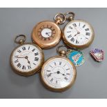 Two base metal Railway Timekeeper pocket watches, one other base metal pocket watch, a gold plated