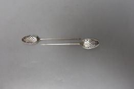 Two 18th century silver mote spoons, one a.f., longest 13.6cm, maker's mark RR for one spoon.