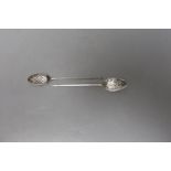 Two 18th century silver mote spoons, one a.f., longest 13.6cm, maker's mark RR for one spoon.