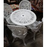 A Victorian style painted aluminium garden table and four chairs, table diameter 68cm height 65cm