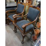 A pair of George II style burr walnut elbow chairs, on lions paw feet, width 58cm, depth 70cm,