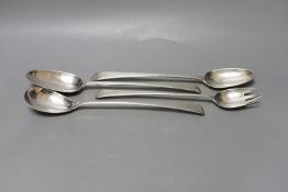 Two George III silver Old English pattern feather edge basting spoons and a pair of similar servers,