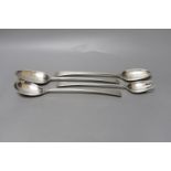 Two George III silver Old English pattern feather edge basting spoons and a pair of similar servers,