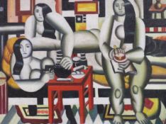 After Fernand Léger (1881-1955), oil on board, Three seated nudes, bears initials, 30 x 40cm.