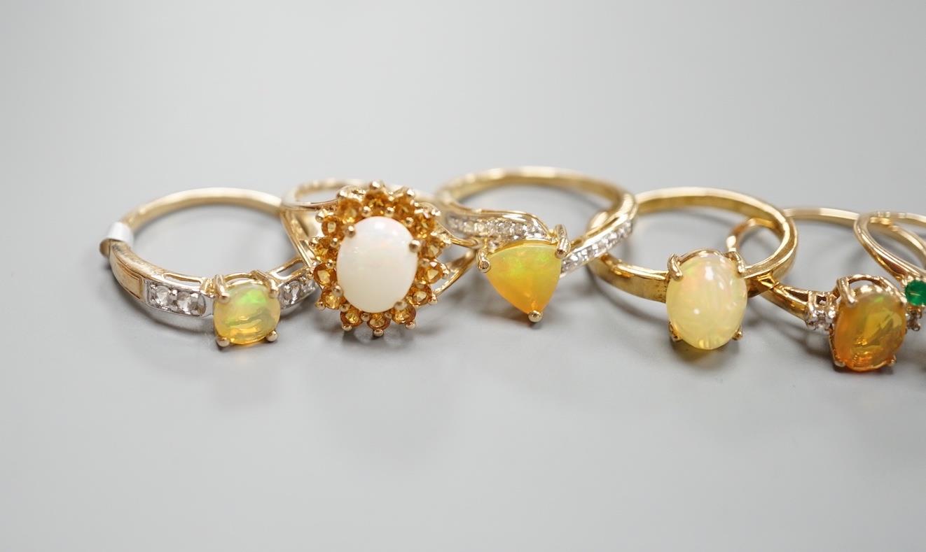 Seven assorted modern opal and gem set dress rings, gross 14.6 grams and a 925 ring. - Image 2 of 5