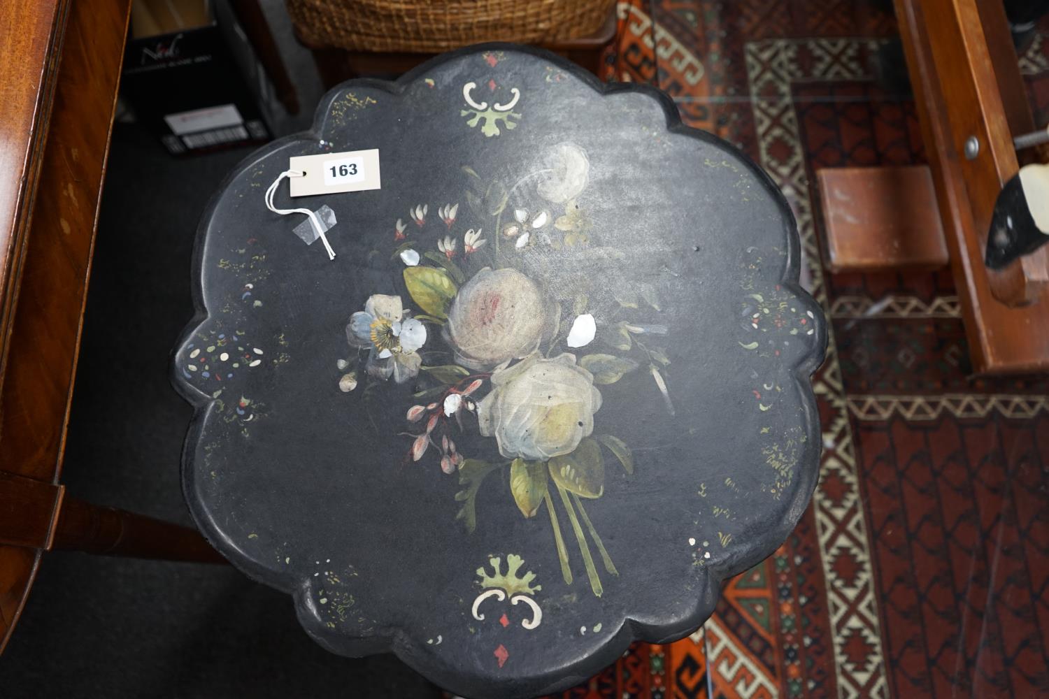 A Victorian painted mother of pearl inlaid papier mache tilt-top wine table, width 50cm depth 49cm - Image 3 of 4