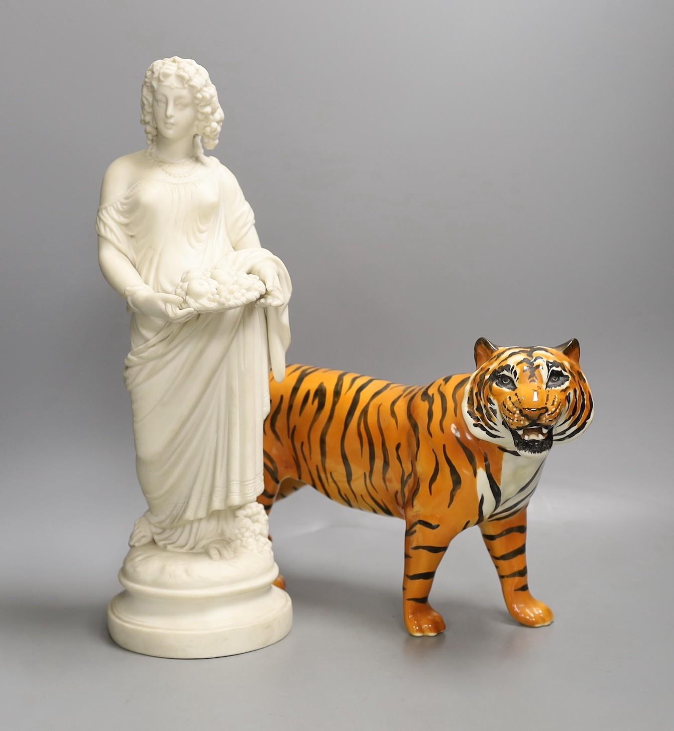 A Beswick tiger and a parian figure 34cm