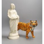 A Beswick tiger and a parian figure 34cm