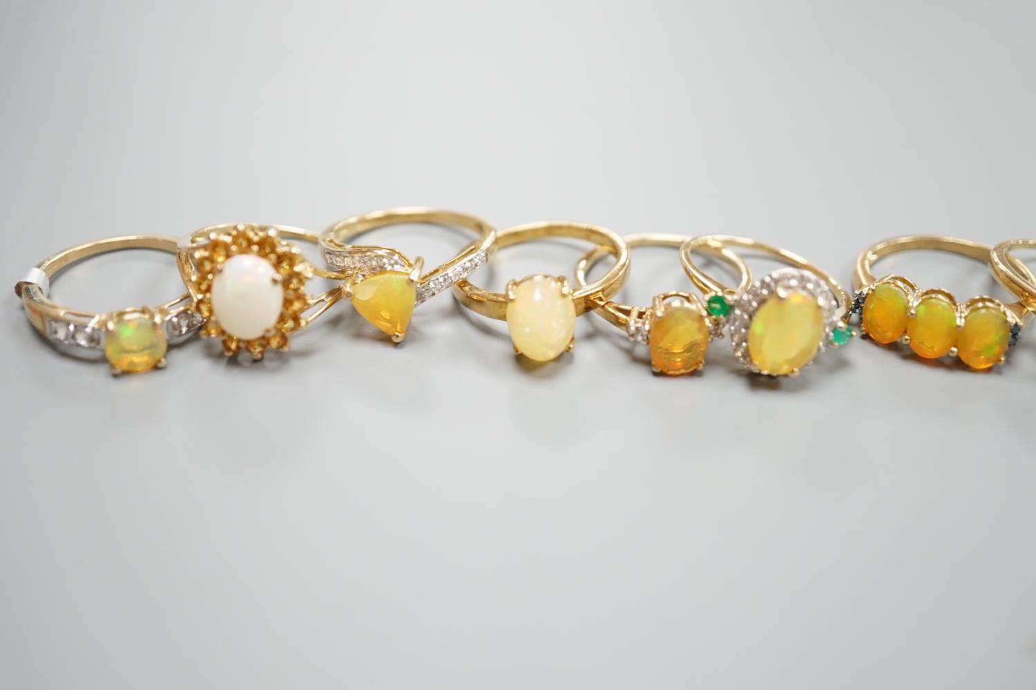 Seven assorted modern opal and gem set dress rings, gross 14.6 grams and a 925 ring. - Image 3 of 5