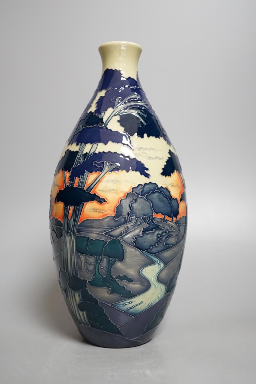 A Moorcroft 'trees in a dusky landscape' trial vase, boxed,23.5 cms high. - Image 2 of 4