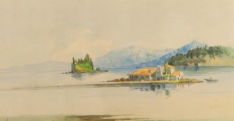 Greek School, watercolour, Coastal view, Corfu, indistinctly signed, 26 x 48cm