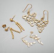 Two pairs of modern 9ct gold earrings including interwoven and tassel drop, 6.5 grams and a pair