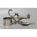 A George V silver 'Aladdin's Lamp' lighter (lacking cover), length 12cm, a silver napkin ring and