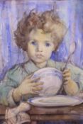 Roy Thompson, watercolour and pastel, Portrait of a child holding a bowl and spoon, monogrammed with