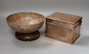 An Indo-Persian engraved copper plated tea caddy and Chinese soapstone bowl on stand. Diameter of