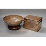 An Indo-Persian engraved copper plated tea caddy and Chinese soapstone bowl on stand. Diameter of