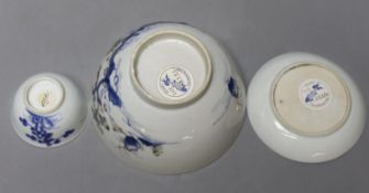 A Chinese Nanking cargo blue and white bowl and a tea bowl and saucer (Christie's label on base)